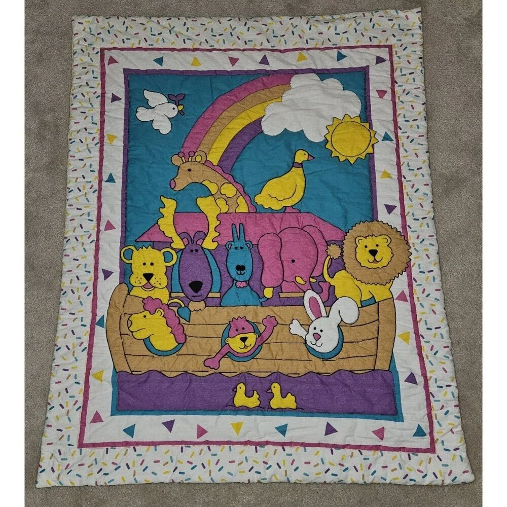 VTG 1990s Noah's Ark Baby Blanket Comforter Wall Decor 31x40 Pink Purple Yellow